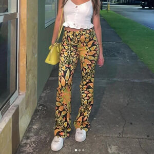 Zara Printed Flared Pants Trousers Groovy Floral 70's Pattern Sz Small